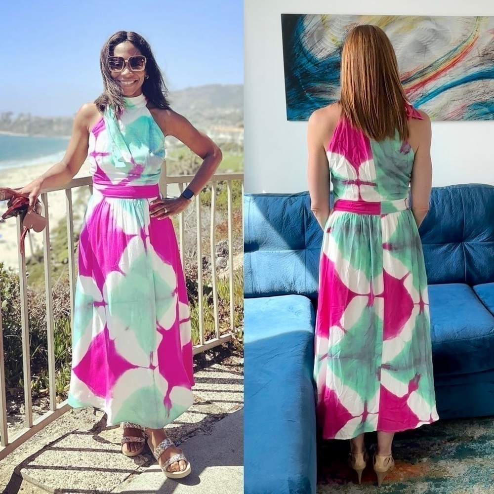 BUSAYO 70s Batik Print Sleeveless Halter Side Tie Neck Fit & Flare Maxi Dress 12 - Picture 2 of 10
